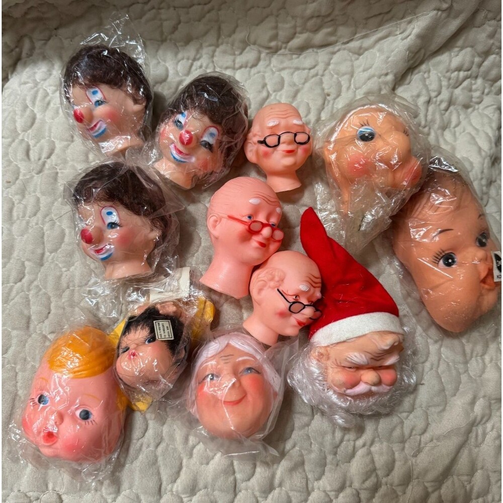 VTG Novelty Doll Heads Craft Lot of 12 Christmas Santa Clowns Grandparents Baby